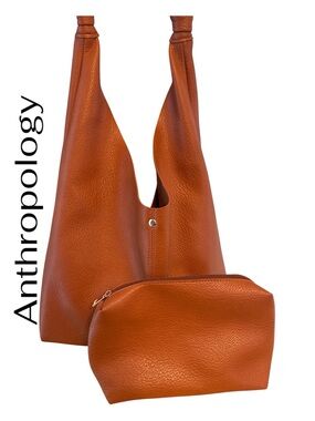 Anthropologie Pebbled Leather Hobo Shoulder Bag with Zip Pouch — Cognac Brown